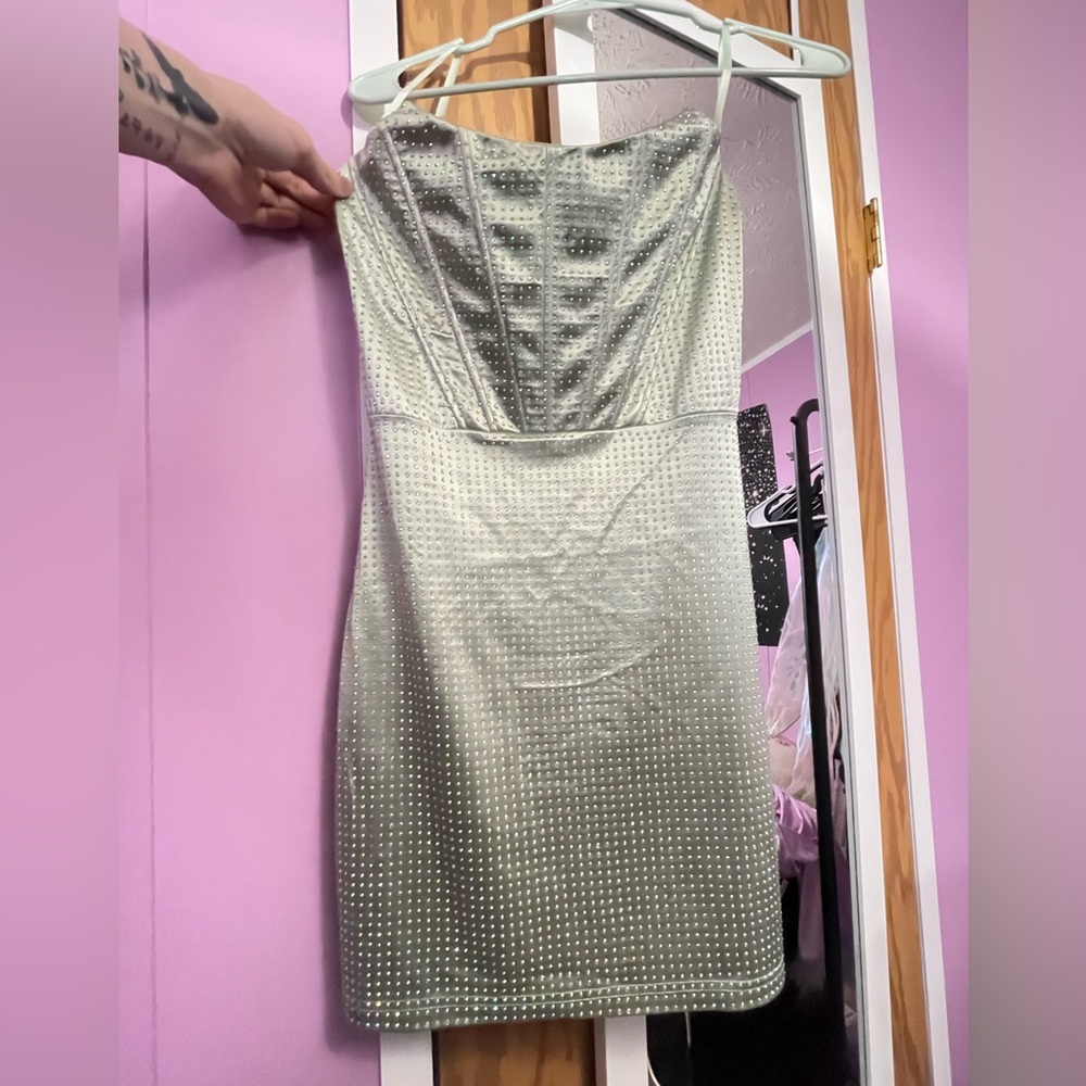 Sage rhinestone strapless corset cocktail mini dress